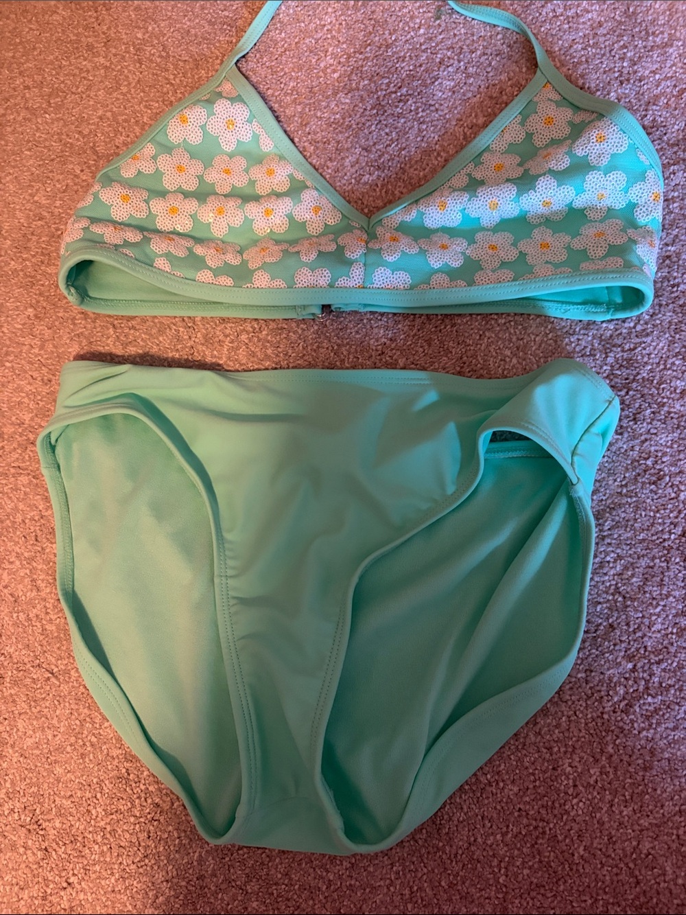 Mint Green Floral Bikini Top & High-Waist Bottom